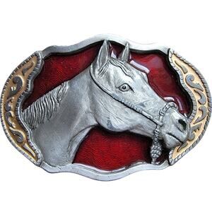 Vintage Horse Belt Buckle Buckles of America Red Enamel USA BA-244